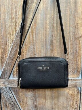 Kate Spade Staci Dual Zip Around Crossbody Bag Black Saffiano Leather